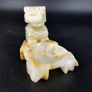 Tiki Mayan Aztec Calendar Ashtray Figure Carved Onyx Quartz Marble Dish Vintage